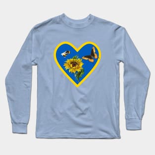 Sunflowers Bee and Butterfly in Blue and Yellow Heart Long Sleeve T-Shirt